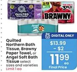 Quilted Northern Bath Tissue, Brawny Paper Towel, or Angel Soft Bath Tissue at Albertsons