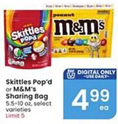 Skittles Pop'd or M&M's Sharing Bag at Albertsons