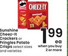 Sunshine Cheez-It Crackers or Pringles Potato Crisps at Albertsons