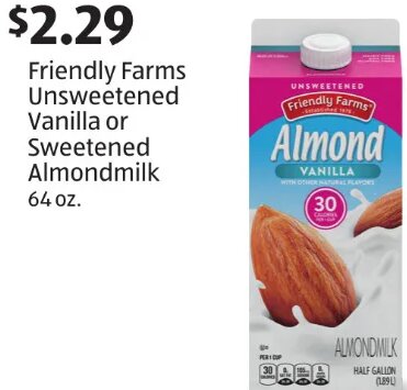Friendly Farms Unsweetened Vanilla or Sweetened Almondmilk