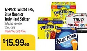 12-Pack Twisted Tea, Blue Moon or Truly Hard Seltzer