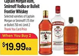 Captain Morgan Rum, Smirnoff Vodka or Bulleit Frontier Whiskey