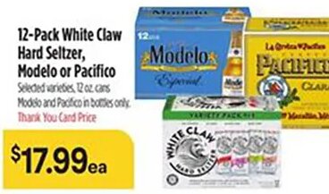 12-Pack White Claw Hard Seltzer, Modelo or Pacifico