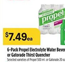 6-Pack Propel Electrolyte Water Beverage or Gatorade Thirst Quencher at Bashas'