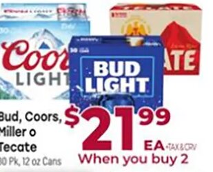 Bud, Coors, Miller o Tecate at Cardenas Markets
