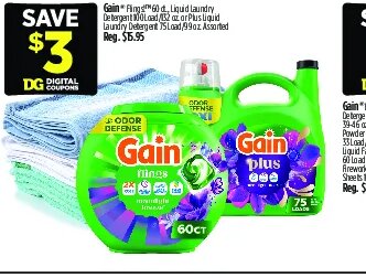 Gain Flings or Liquid Laundry Detergent at Dollar General
