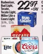 Budweiser, Bud Light, Tecate, Tecate Light, Miller Lite o Coors Light at El Super