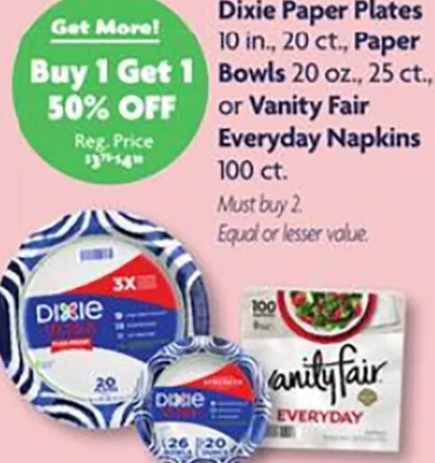 Dixie Paper Plates, Bowls or Vanity Fair Everyday Napkins