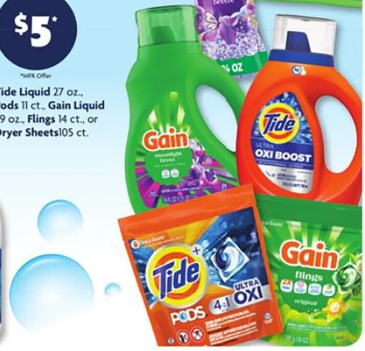 Tide Liquid, Pods, Gain Liquid, Flings, Dryer Sheets at Family Dollar