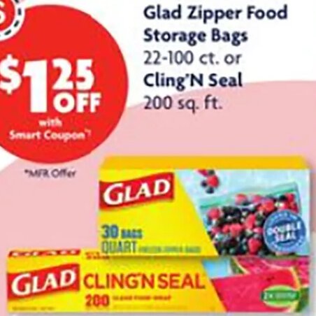 Glad Zipper Food Storage Bags or Cling'N Seal