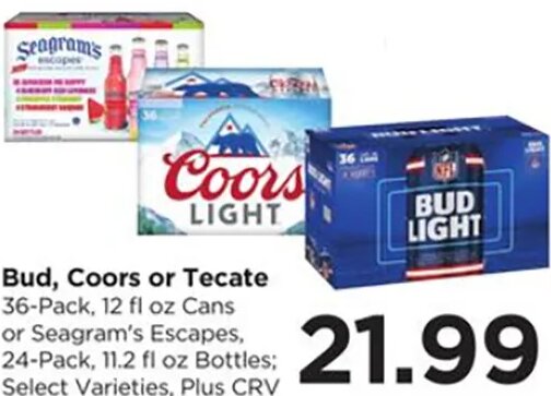 Bud, Coors or Tecate or Seagram's Escapes at Food 4 Less