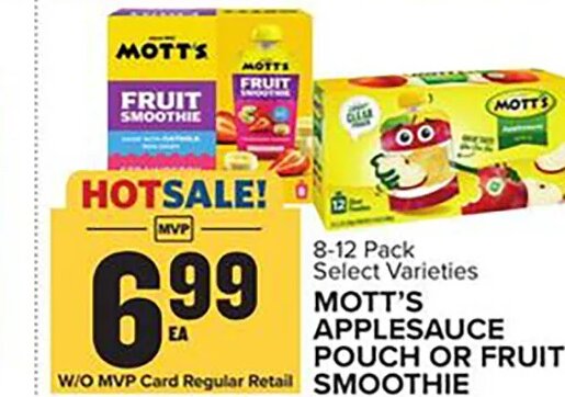 MOTT'S APPLESAUCE POUCH OR FRUIT SMOOTHIE
