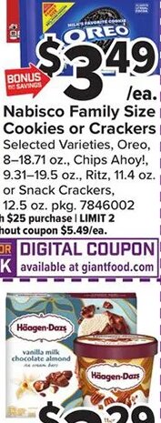 Nabisco Family Size Cookies or Crackers at Giant Food