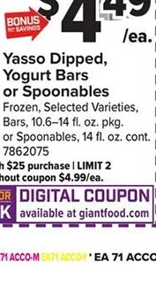 Yasso Dipped, Yogurt Bars or Spoonables at Giant Food