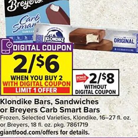 Klondike Bars, Sandwiches or Breyers Carb Smart Bars
