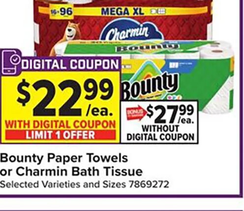 Bounty Paper Towels or Charmin Bath Tissue at Giant Food