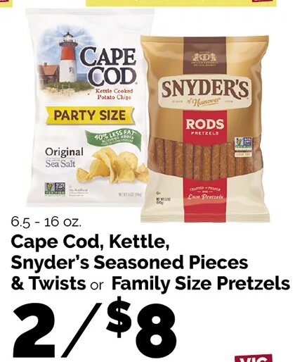 Cape Cod, Kettle, Snyder's Seasoned Pieces & Twists or Family Size Pretzels