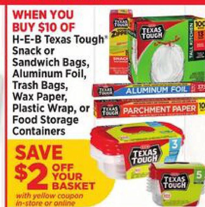 H-E-B Texas Tough Snack or Sandwich Bags, Aluminum Foil, Trash Bags, Wax Paper, Plastic Wrap, or Food Storage Containers
