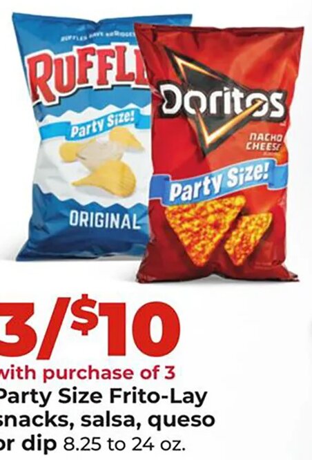 Party Size Frito-Lay snacks, salsa, queso or dip