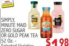 Simply, Minute Maid Zero Sugar or Gold Peak Tea at Ingles Markets