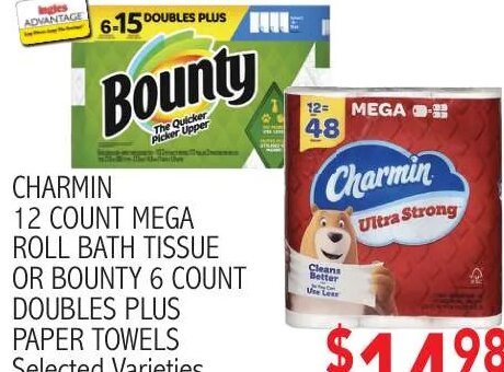Charmin 12 Count Mega Roll Bath Tissue or Bounty 6 Count Doubles Plus Paper Towels at Ingles Markets