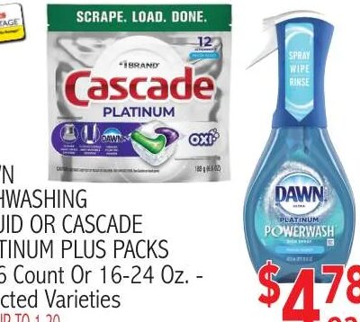Dawn Dishwashing Liquid or Cascade Platinum Plus Packs at Ingles Markets