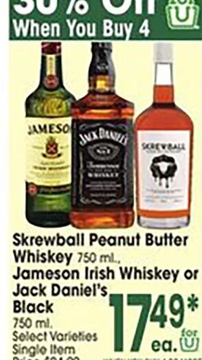 Skrewball Peanut Butter Whiskey or Jameson Irish Whiskey or Jack Daniel's Black at Jewel-Osco