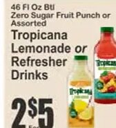 Tropicana Lemonade or Refresher Drinks