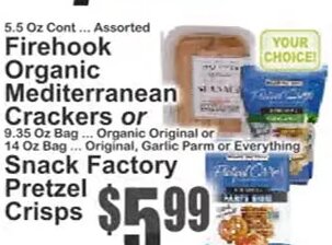 Firehook Organic Mediterranean Crackers or Snack Factory Pretzel Crisps at Key Food