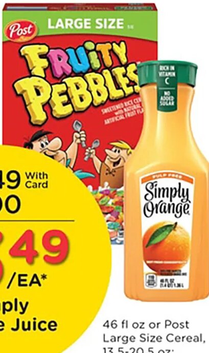 Post Large Size Cereal or Simply Orange Juice at Kroger