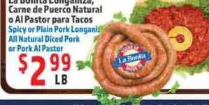 La Bonita Longaniza, Carne de Puerco Natural o Al Pastor para Tacos at La Bonita