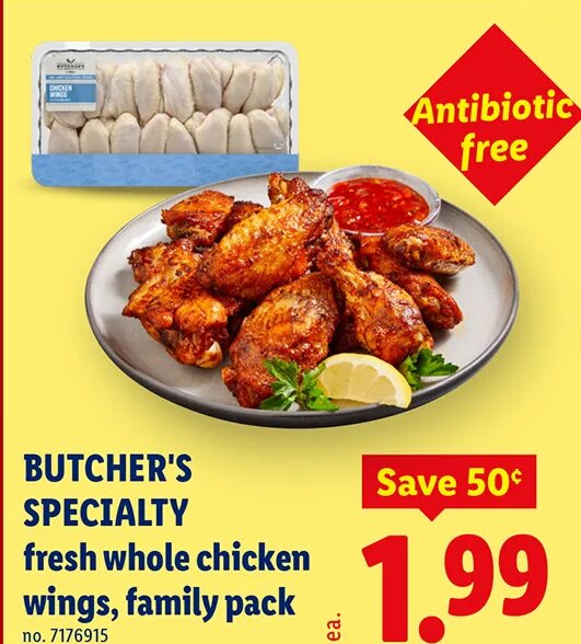 BUTCHER'S SPECIALTY fresh whole chicken wings, family pack at Lidl