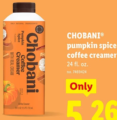 CHOBANI pumpkin spice coffee creamer at Lidl