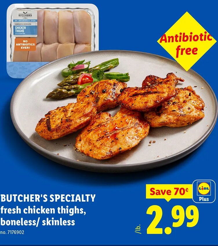 BUTCHER'S SPECIALTY fresh chicken thighs, boneless/ skinless at Lidl