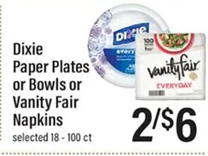 Dixie Paper Plates or Bowls or Vanity Fair Napkins