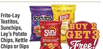 Frito-Lay Tostitos, Sunchips, Lay's Potato Chips, Kettle Chips or Dips