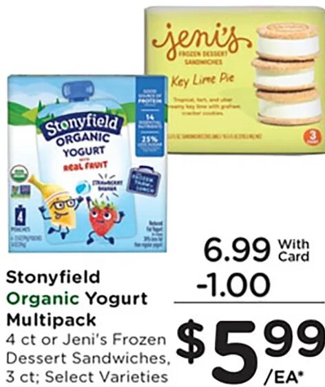Stonyfield Organic Yogurt Multipack or Jeni's Frozen Dessert Sandwiches at Mariano's