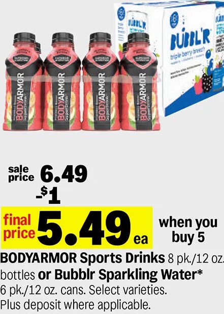 BODYARMOR Sports Drinks or Bubblr Sparkling Water