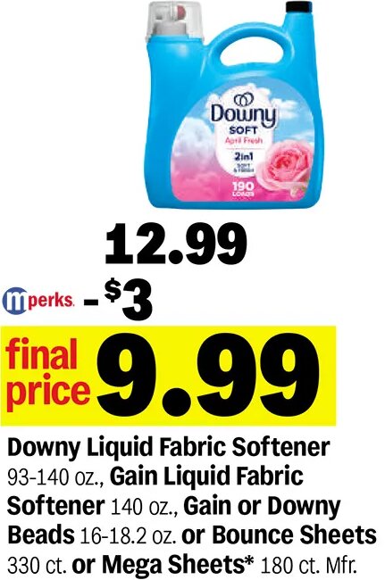 Downy Liquid Fabric Softener, Gain Liquid Fabric Softener, Gain or Downy Beads or Bounce Sheets at Meijer