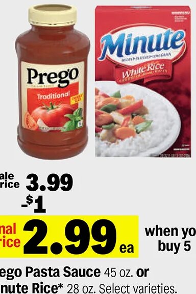 Prego Pasta Sauce or Minute Rice at Meijer