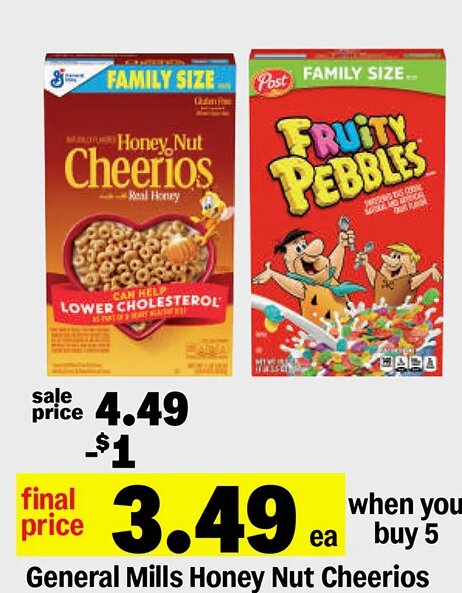 General Mills Honey Nut Cheerios or Post Fruity Pebbles or Honey Bunches of Oats