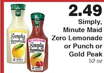 Simply Minute Maid Zero Lemonade or Punch or Gold Peak