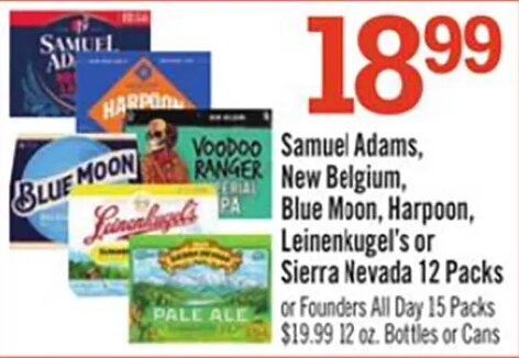 Samuel Adams, New Belgium, Blue Moon, Harpoon, Leinenkugel's or Sierra Nevada 12 Packs