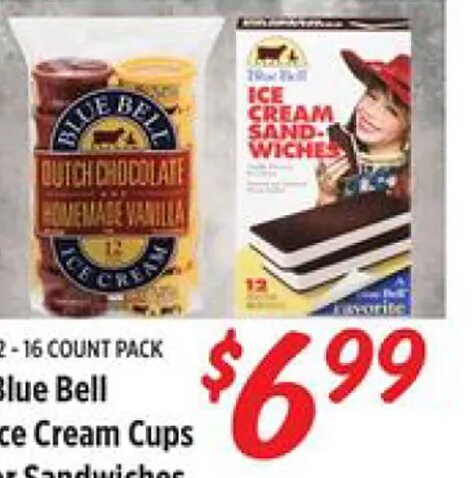 Blue Bell Ice Cream Cups or Sandwiches