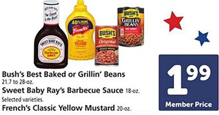 Bush's Best Baked or Grillin' Beans, Sweet Baby Ray's Barbecue Sauce, French's Classic Yellow Mustard
