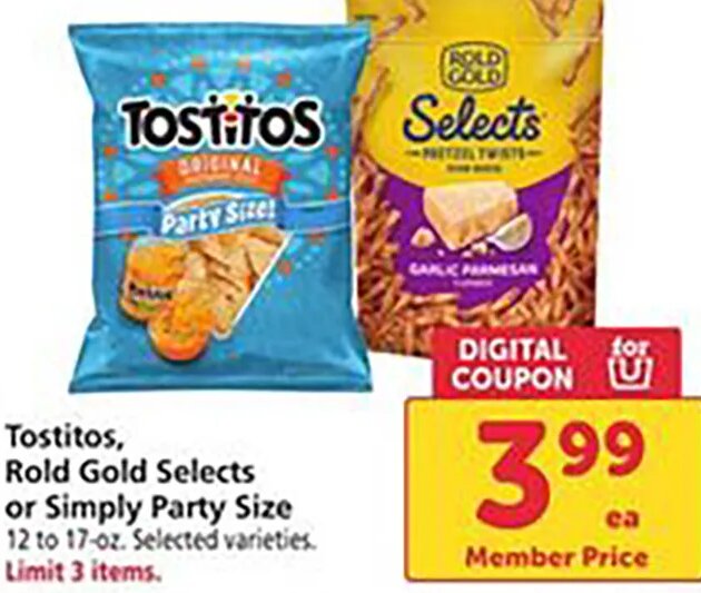 Tostitos, Rold Gold Selects or Simply Party Size at Safeway