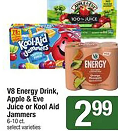 V8 Energy Drink, Apple & Eve Juice or Kool Aid Jammers at Shaw's