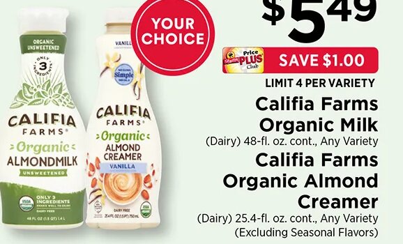 Califia Farms Organic Milk / Califia Farms Organic Almond Creamer at ShopRite