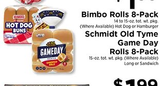 Bimbo Rolls 8-Pack / Schmidt Old Tyme Game Day Rolls 8-Pack at ShopRite
