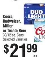 Coors, Budweiser, Miller or Tecate Beer at Smart & Final